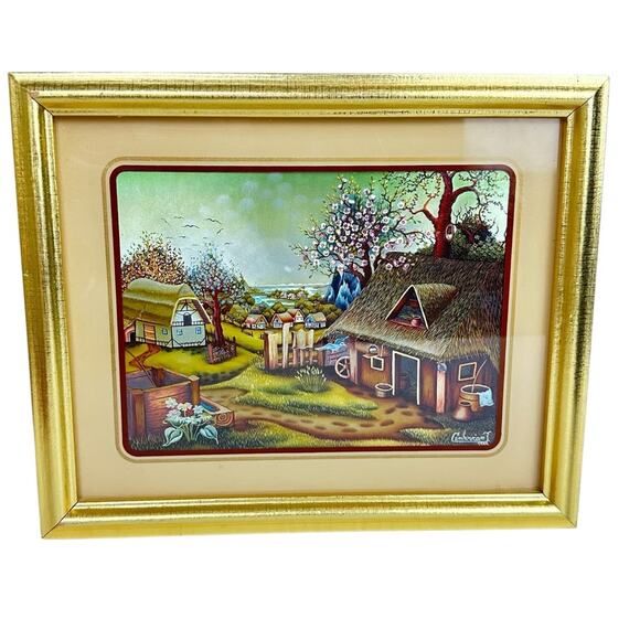 Vintage Foil Engraved Art by Ivan J Cenkovcan 1979 Spring in the Village Signed - Picture 1 of 8